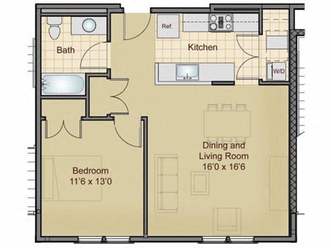 Floor plan for 1 bed, 1 bath, 692 sqft